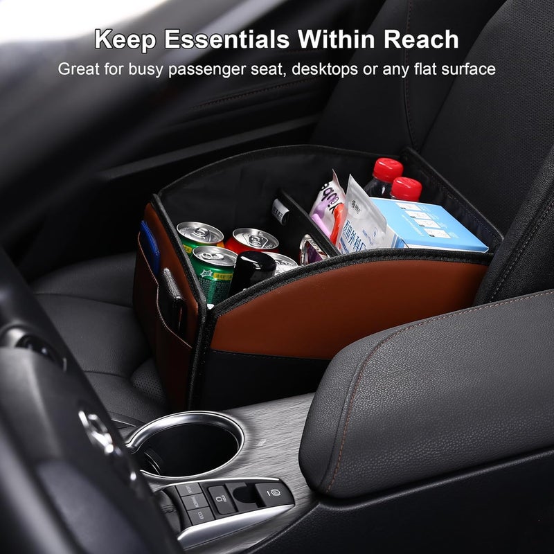 Uplien [2025 UPDATED] Leather Car Seat Organizer, Foldable Storage Box for Front Seat, Back Seats & Floor – Removable Divider, Metal Handle, Adjustable Anti-Slip Strap for Kids & Adults (Black & Brown) - Image 3